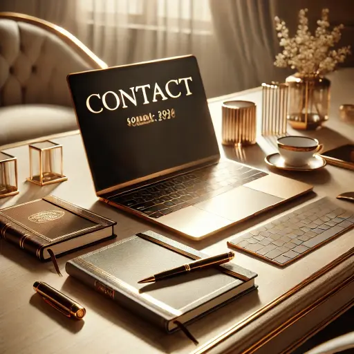 Modern workspace with a laptop, pen, and notepad in golden antique, chocolate brown, and black tones.