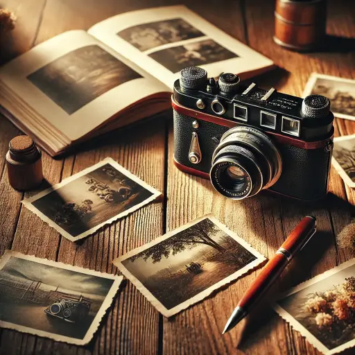 Vintage camera on a wooden table with soft natural lighting, surrounded by scattered photos and a notebook for your-story-my-story