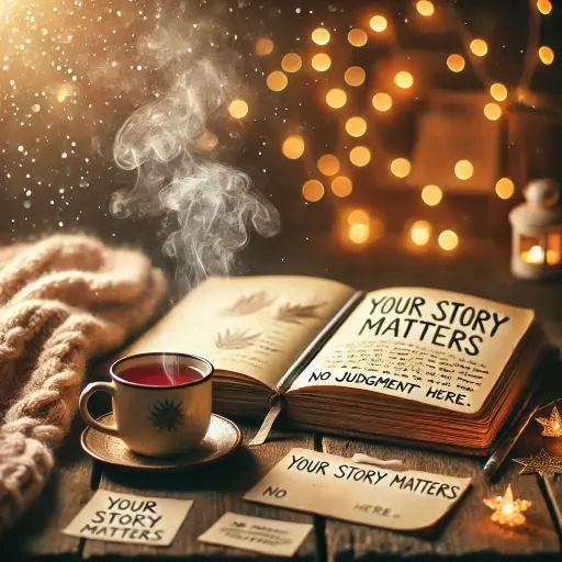 Open journal on a wooden table with a cup of tea and encouraging notes, creating a cozy and inviting atmosphere for sharing stories.